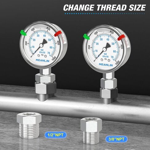 MEANLIN MEASURE 0~1000Psi Stainless Steel Liquid Filled Pressure Gauge 2.5" FACE DIAL 1/4" NPT for WOG Water Oil Air Back Mount with Stainless Steel Hex Bushing and Snaps in Kuwait