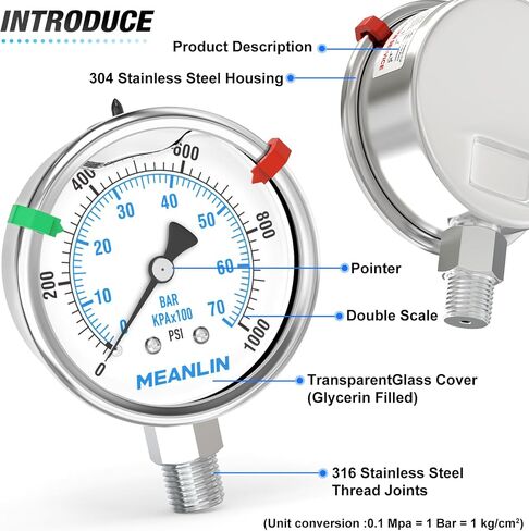 MEANLIN MEASURE 0~1000Psi Stainless Steel Liquid Filled Pressure Gauge 2.5" FACE DIAL 1/4" NPT for WOG Water Oil Air Back Mount with Stainless Steel Hex Bushing and Snaps in Kuwait