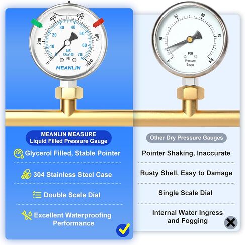 MEANLIN MEASURE 0~1000Psi Stainless Steel Liquid Filled Pressure Gauge 2.5" FACE DIAL 1/4" NPT for WOG Water Oil Air Back Mount with Stainless Steel Hex Bushing and Snaps in Kuwait