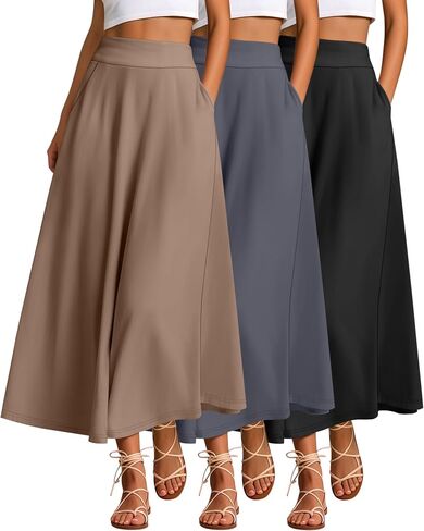 Ficerd 3 Pack Women's Maxi Long Skirts with Pockets, A Line Ankle Length High Waisted Flowy Soft Summer Casual Skirts in Saudi Arabia
