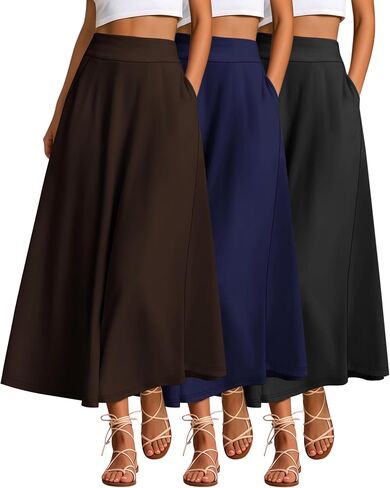 Ficerd 3 Pack Women's Maxi Long Skirts with Pockets, A Line Ankle Length High Waisted Flowy Soft Summer Casual Skirts in Saudi Arabia