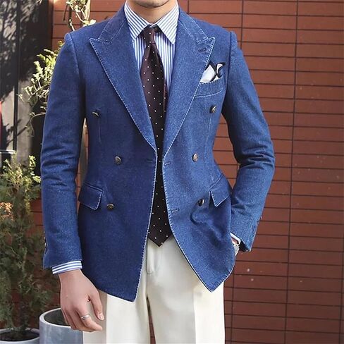 Men's Double Breasted Denim Blazer Jackets Notched Lapel Clothing Fashion Casual Daily Office Basic Coat in Saudi Arabia