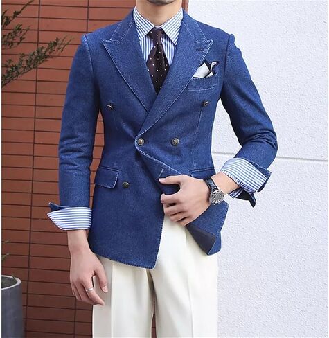 Men's Double Breasted Denim Blazer Jackets Notched Lapel Clothing Fashion Casual Daily Office Basic Coat in Saudi Arabia