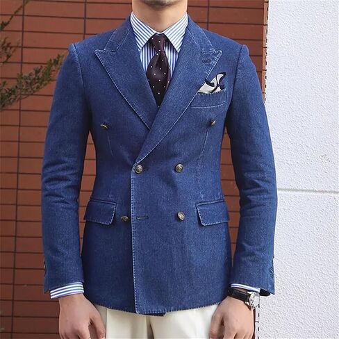 Men's Double Breasted Denim Blazer Jackets Notched Lapel Clothing Fashion Casual Daily Office Basic Coat in Saudi Arabia