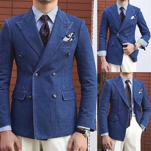 Men's Double Breasted Denim Blazer Jackets Notched Lapel Clothing Fashion Casual Daily Office Basic Coat in Saudi Arabia
