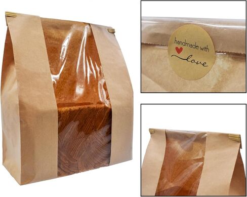 100 عبوة من أكياس الخبز الورقية الكبيرة من كرافت لأكياس رغيف الخبز محلية الصنع مقاس 35.56 سم × 21.39 سم × 8.89 سم مع قفل من القصدير وقفل شفاف للنافذة الأمامية وأكياس مخبوزات وتغليف أكياس حلوى كعك القهوة مع ملصقات ختم الملصقات in Kuwait