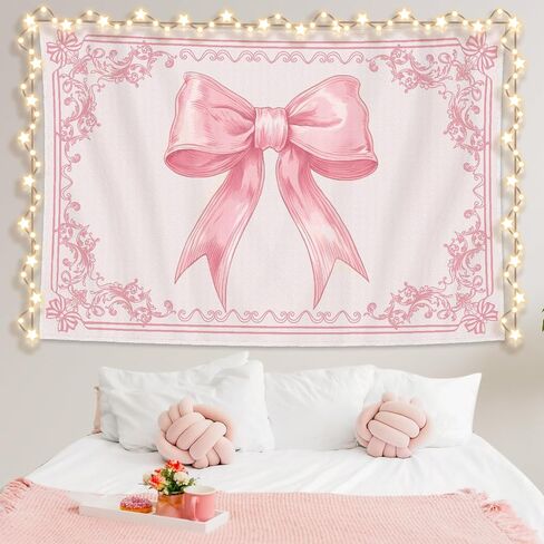 HunnmingRe 60" x 40" Pink Tapestry Coquette Pink Aesthetic Bedroom Hanging Wall Art Preppy Tapestry Decor Kit Cute Room Decoration for Women Girls Room Dorm Apartment(Bow) in Saudi Arabia