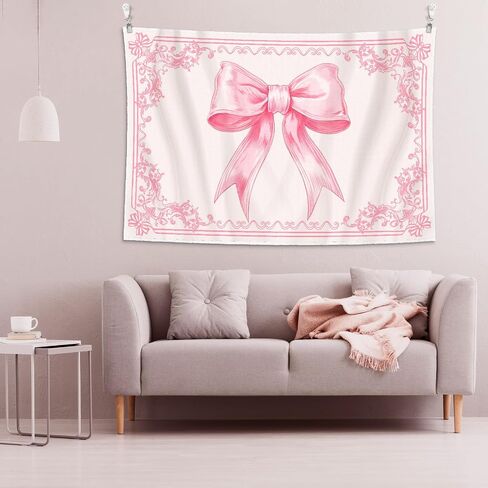 HunnmingRe 60" x 40" Pink Tapestry Coquette Pink Aesthetic Bedroom Hanging Wall Art Preppy Tapestry Decor Kit Cute Room Decoration for Women Girls Room Dorm Apartment(Bow) in Saudi Arabia