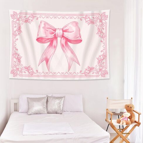 HunnmingRe 60" x 40" Pink Tapestry Coquette Pink Aesthetic Bedroom Hanging Wall Art Preppy Tapestry Decor Kit Cute Room Decoration for Women Girls Room Dorm Apartment(Bow) in Saudi Arabia