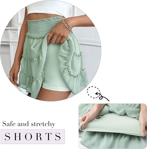 Seaform Women Chiffon Chifnts High Weist Cruffle Mini Tennis Tennis Golf Skirt Boho Summer Tier Tierts مع شورتات مدمجة in Kuwait