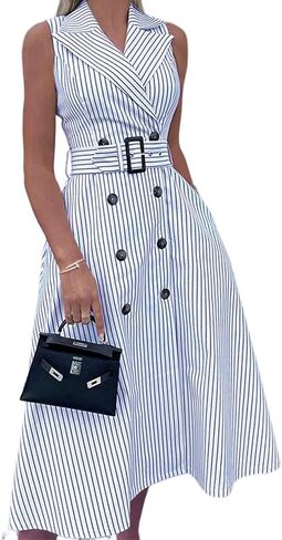نساء مخطط Midi Dress V-neck Label Self-tie Belt Flowy A-Line Office Dress For Disual and Professional in Saudi Arabia
