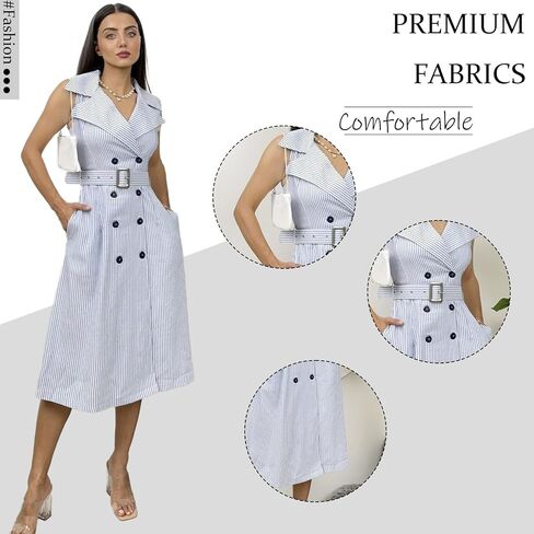 نساء مخطط Midi Dress V-neck Label Self-tie Belt Flowy A-Line Office Dress For Disual and Professional in Saudi Arabia