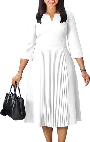 Elegant Church Dresses for Women 2025 3/4 Sleeve Vintage Ruffle A-line Pleated Dress V Neck Business Casual Work Outfits in Saudi Arabia