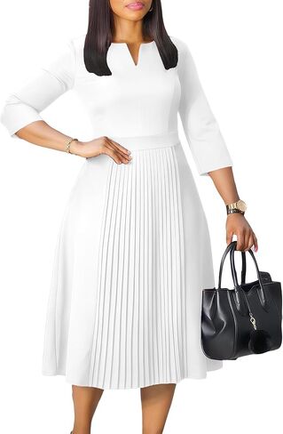 Elegant Church Dresses for Women 2025 3/4 Sleeve Vintage Ruffle A-line Pleated Dress V Neck Business Casual Work Outfits in Saudi Arabia