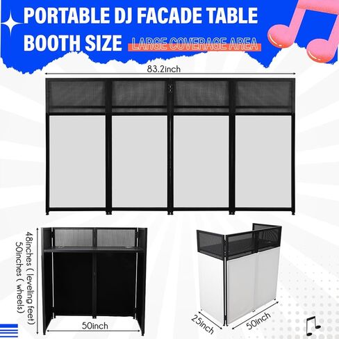Portable Dj Facade Booth with White & Black Lighting Scrim,52"L X 26"W Dj Stand Booth,Foldable Dj Table Station with Adjustable Dj Event Facade Feet for Party, Black Metal Frame in Kuwait
