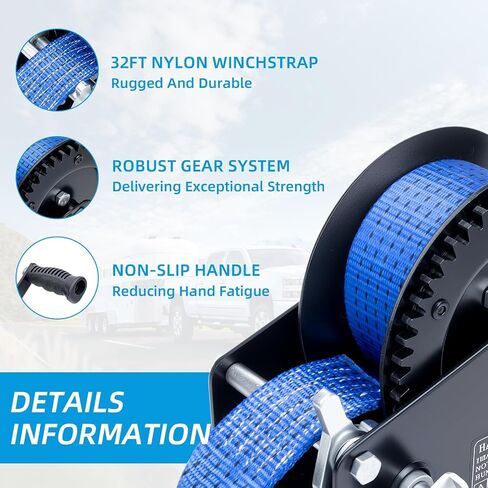 3500LBS Heavy Duty Boat Trailer Winch with 32FT Strap, 2-Way Ratchet, 4:1/8:1 Gear Trailer Winch, Portable Hand Crank for Boat, Truck, Trailer, RV, ATV, Jet Ski in Kuwait
