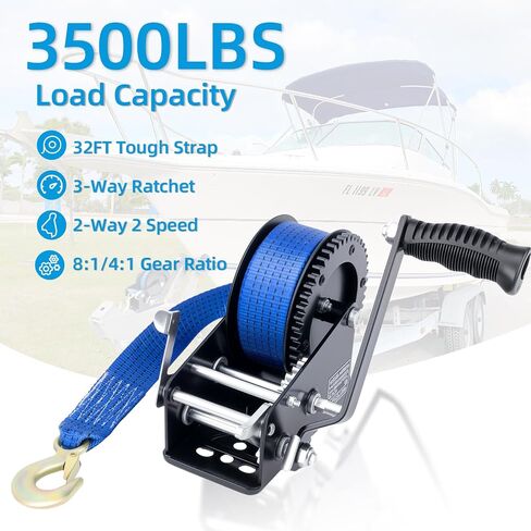 3500LBS Heavy Duty Boat Trailer Winch with 32FT Strap, 2-Way Ratchet, 4:1/8:1 Gear Trailer Winch, Portable Hand Crank for Boat, Truck, Trailer, RV, ATV, Jet Ski in Kuwait
