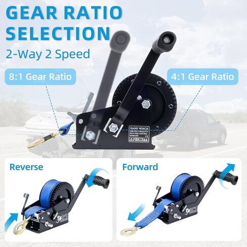 3500LBS Heavy Duty Boat Trailer Winch with 32FT Strap, 2-Way Ratchet, 4:1/8:1 Gear Trailer Winch, Portable Hand Crank for Boat, Truck, Trailer, RV, ATV, Jet Ski in Kuwait