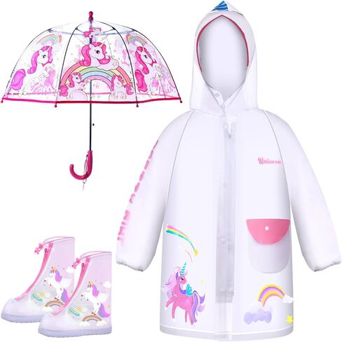 Chuarry 3 Pcs Unicorn Umbrella Raincoat Set Clear Ocean Dinosaur Astronaut Rain Shoes Rainwear Umbrella (Unicorn,L) in Saudi Arabia