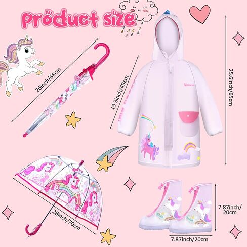 Chuarry 3 Pcs Unicorn Umbrella Raincoat Set Clear Ocean Dinosaur Astronaut Rain Shoes Rainwear Umbrella (Unicorn,L) in Saudi Arabia