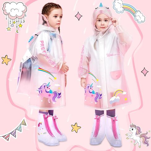 Chuarry 3 Pcs Unicorn Umbrella Raincoat Set Clear Ocean Dinosaur Astronaut Rain Shoes Rainwear Umbrella (Unicorn,L) in Saudi Arabia