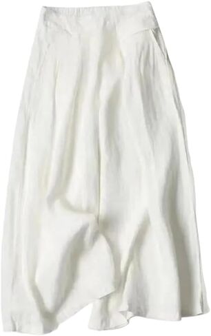 Meufam Women's Fashion Culottes Linen Cropped Wide Leg Pants Elastic Waist Casual Solid Trousers with Pockets in Saudi Arabia