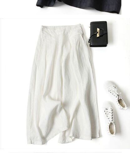 Meufam Women's Fashion Culottes Linen Cropped Wide Leg Pants Elastic Waist Casual Solid Trousers with Pockets in Saudi Arabia