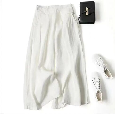 Meufam Women's Fashion Culottes Linen Cropped Wide Leg Pants Elastic Waist Casual Solid Trousers with Pockets in Saudi Arabia