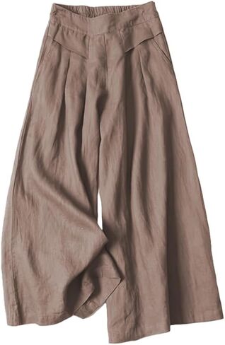 Meufam Women's Fashion Culottes Linen Cropped Wide Leg Pants Elastic Waist Casual Solid Trousers with Pockets in Saudi Arabia
