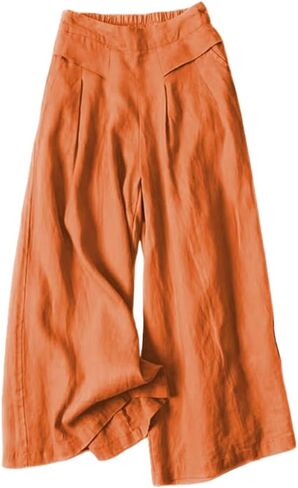 Meufam Women's Fashion Culottes Linen Cropped Wide Leg Pants Elastic Waist Casual Solid Trousers with Pockets in Saudi Arabia