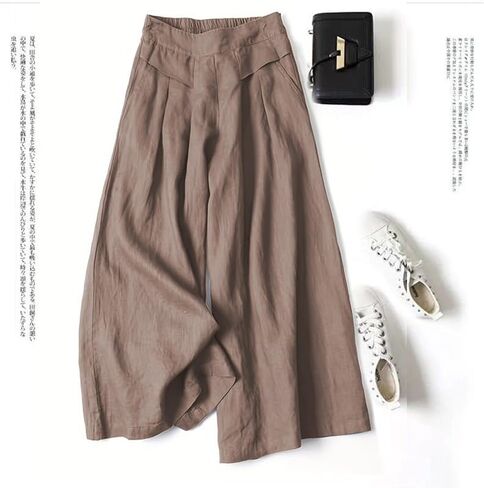 Meufam Women's Fashion Culottes Linen Cropped Wide Leg Pants Elastic Waist Casual Solid Trousers with Pockets in Saudi Arabia