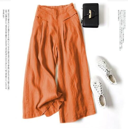 Meufam Women's Fashion Culottes Linen Cropped Wide Leg Pants Elastic Waist Casual Solid Trousers with Pockets in Saudi Arabia
