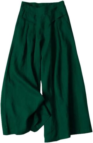 Meufam Women's Fashion Culottes Linen Cropped Wide Leg Pants Elastic Waist Casual Solid Trousers with Pockets in Saudi Arabia
