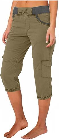 Women's High Waist Cargo Pants Summer Casual Solid Color Elastic Waist Capri Pants Bermuda Shorts with Pockets in Kuwait