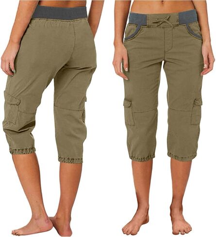 Women's High Waist Cargo Pants Summer Casual Solid Color Elastic Waist Capri Pants Bermuda Shorts with Pockets in Kuwait