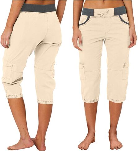 Women's High Waist Cargo Pants Summer Casual Solid Color Elastic Waist Capri Pants Bermuda Shorts with Pockets in Kuwait