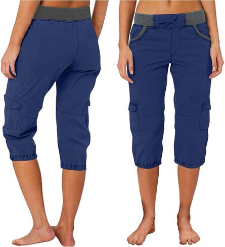 Women's High Waist Cargo Pants Summer Casual Solid Color Elastic Waist Capri Pants Bermuda Shorts with Pockets in Kuwait