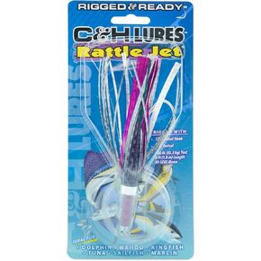 C&H، Rattle Jet Rigged & Ready، تنورة مايلر سوداء/أرجوانية، خطاف Mustad 7/0، AFW دوار، 100 رطل / 45.3 كجم خط Grand Slam Mono Line، 6 أقدام / 1.8 متر in Saudi Arabia