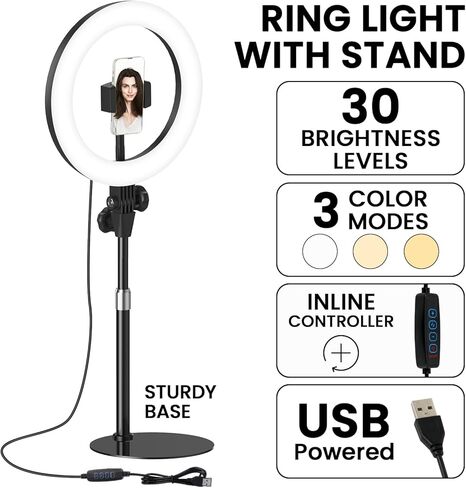 10'' Desk Ring Light with Stand – Zoom Lighting with Phone Holder for Computer・Video Calls・Conference – CRI95 LED Adjustable Circle Light, 10'' Large Lamp Head, Content Creator Friendly in Kuwait