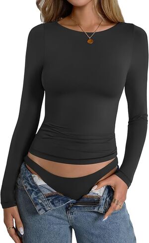 Womens Double Lined Long Sleeve Shirts Boat Neck Going Out Tops Trendy Slim Fitted Tees Basic Fall Outfits 2025 in Kuwait