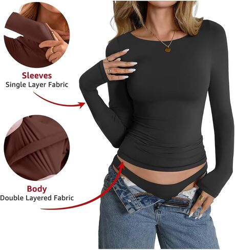 Womens Double Lined Long Sleeve Shirts Boat Neck Going Out Tops Trendy Slim Fitted Tees Basic Fall Outfits 2025 in Kuwait
