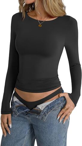 Womens Double Lined Long Sleeve Shirts Boat Neck Going Out Tops Trendy Slim Fitted Tees Basic Fall Outfits 2025 in Kuwait