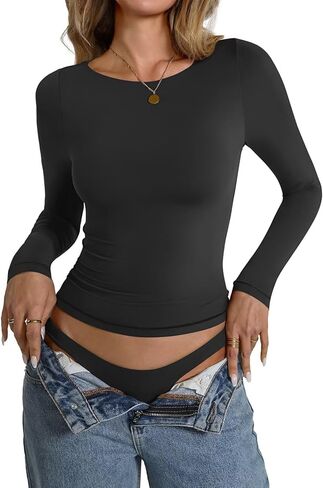 Womens Double Lined Long Sleeve Shirts Boat Neck Going Out Tops Trendy Slim Fitted Tees Basic Fall Outfits 2025 in Kuwait