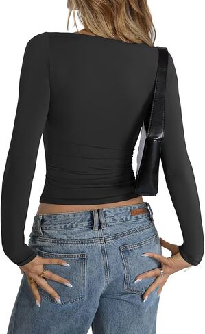Womens Double Lined Long Sleeve Shirts Boat Neck Going Out Tops Trendy Slim Fitted Tees Basic Fall Outfits 2025 in Kuwait