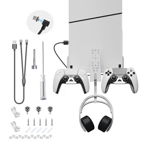 NANANINO PS5 Slim Wall Mount Kit، PS5 Slim Wall Mount Kit مع 2 حامل وحدة تحكم قابل للفصل، سماعة الرأس وجهاز التحكم عن بعد، حامل حائط فولاذي - أبيض in Kuwait