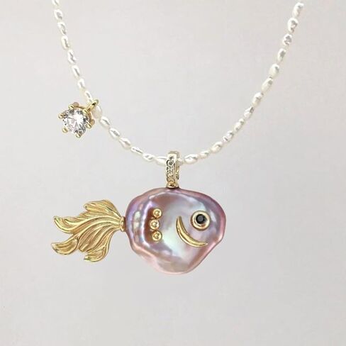 Fish Pearl Necklace for Women Freshwater Pearl Baroque Goldfish Necklace for Mom Daughter, 18k Gold-plated, 14-20mm Pearls, 18" + 2.5" Extender, Anniversary Birthday Gift for Her in Kuwait