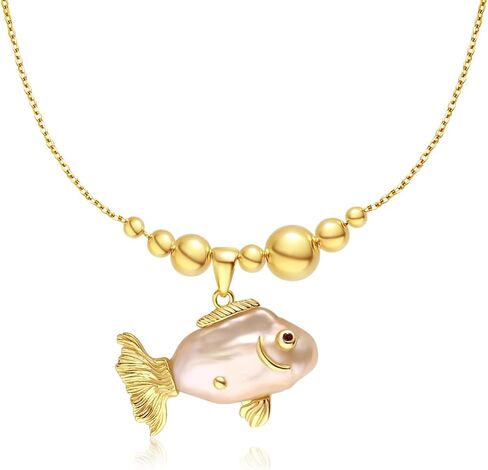 Fish Pearl Necklace for Women Freshwater Pearl Baroque Goldfish Necklace for Mom Daughter, 18k Gold-plated, 14-20mm Pearls, 18" + 2.5" Extender, Anniversary Birthday Gift for Her in Kuwait