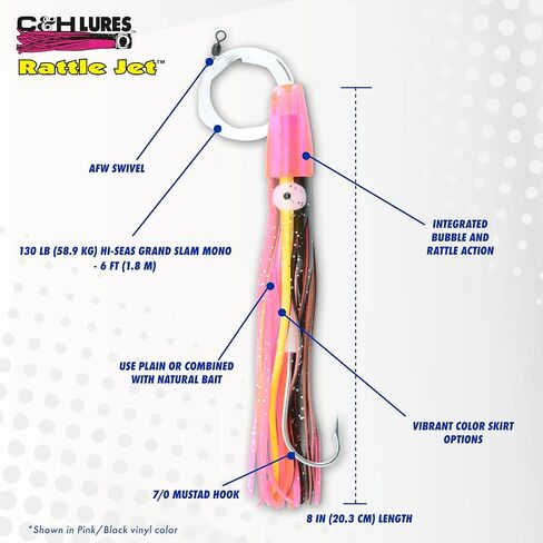 C&H, Rattle Jet Rigged & Ready, Black/Purple Mylar Skirt, 7/0 Mustad Hook, AFW Swivel, 100 lb / 45.3 kg Grand Slam Mono Line, 6 ft / 1.8 m in Saudi Arabia
