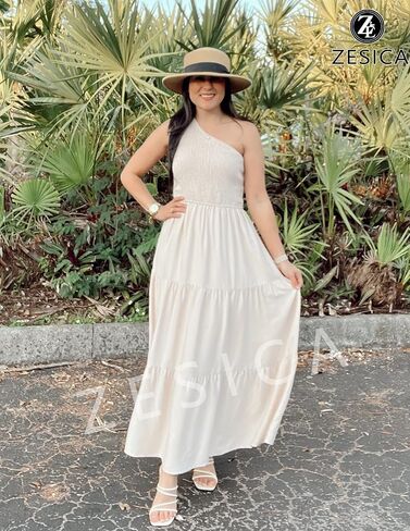 ZESICA Women's 2025 Bohemian Summer Floral Print One Shoulder Sleeveless Smocked Ruffle Tiered Beach Long Midi Dress in Kuwait