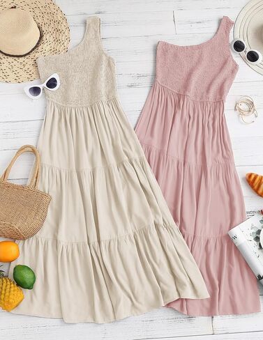 ZESICA Women's 2025 Bohemian Summer Floral Print One Shoulder Sleeveless Smocked Ruffle Tiered Beach Long Midi Dress in Kuwait